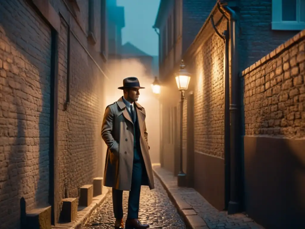 Un detective en un callejón oscuro junto a un coche vintage, evocando el legado de Agatha Christie detectives