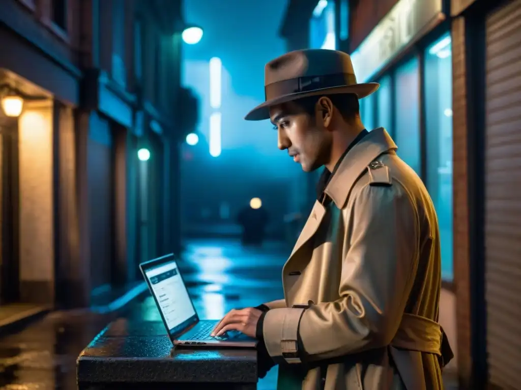 Un detective en un callejón oscuro, investigando en su laptop bajo la lluvia y luces de neón