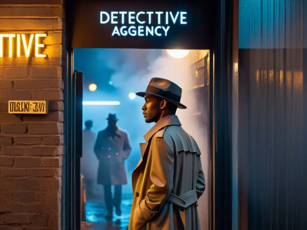 Alleyway nocturno: Agencia de Detectives bajo neón Un detective en un callejón oscuro, bajo un letrero de 'Detective Agency', con lluvia y sombras misteriosas