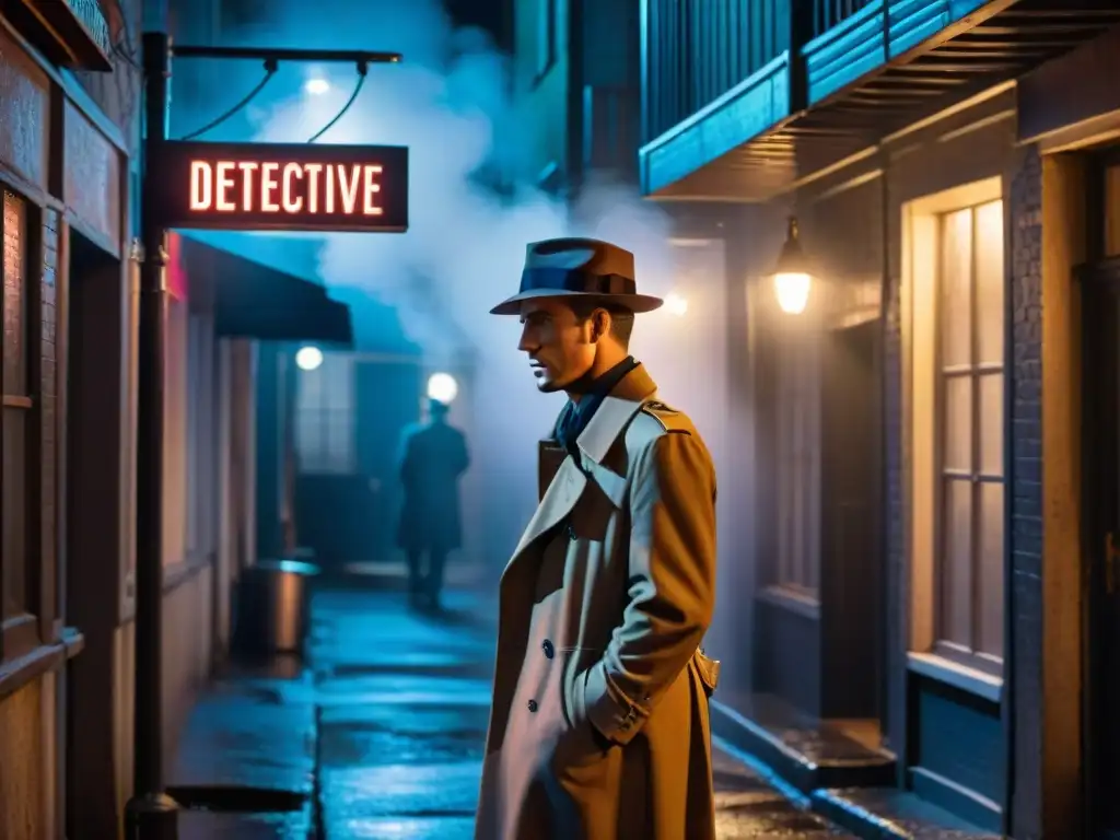 Un detective en un callejón oscuro bajo un letrero de neón, en una escena de cine noir