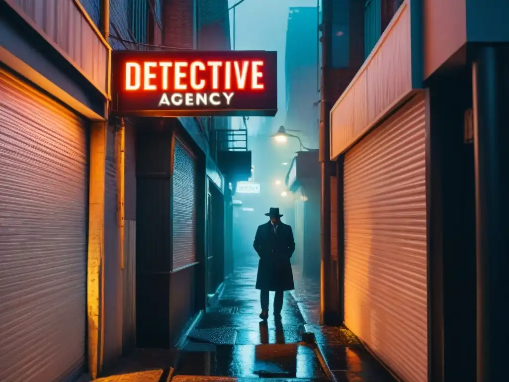 Detective en callejón oscuro bajo letrero de 'Detective Agency', lluvia y silueta misteriosa