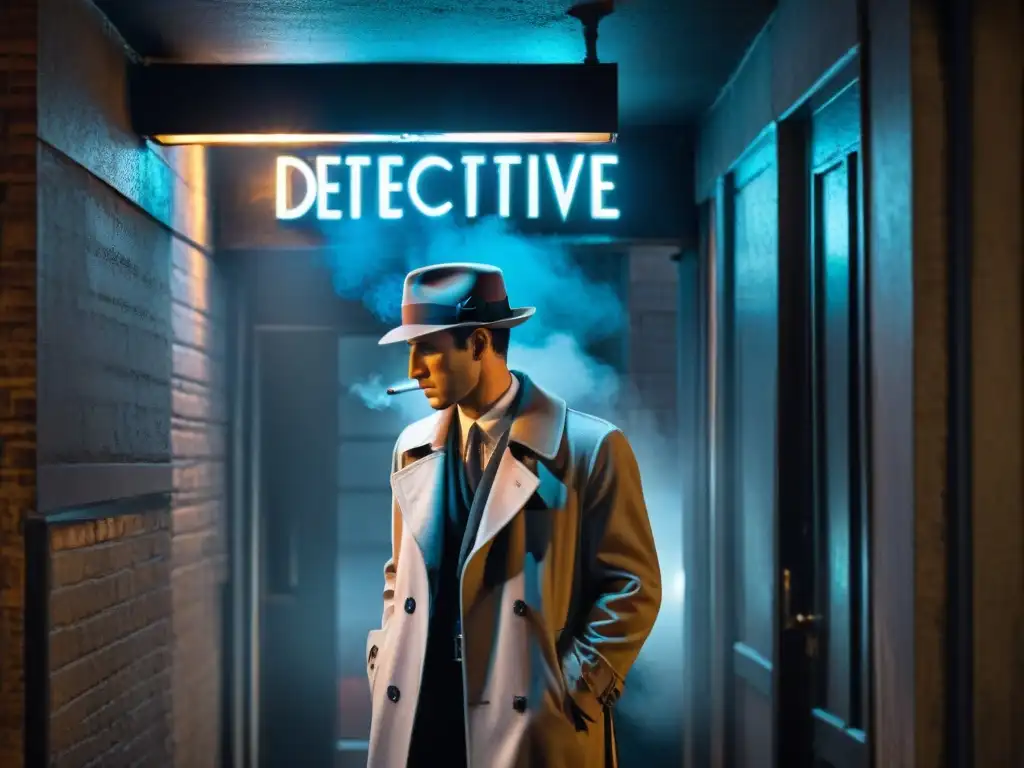 Un detective fumando en un callejón oscuro bajo un letrero de 'Detective Agency' en blanco y negro, evocando el estilo Film Noir