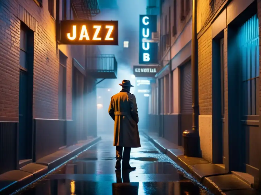 Detective en callejón oscuro: misterio y jazz Un detective en un callejón oscuro bajo un letrero de 'Jazz Club', rodeado de humo y misterio