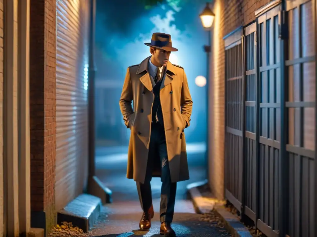 Misterio nocturno: detective en callejón oscuro con lupa Detective en callejón oscuro con linterna, buscando pistas