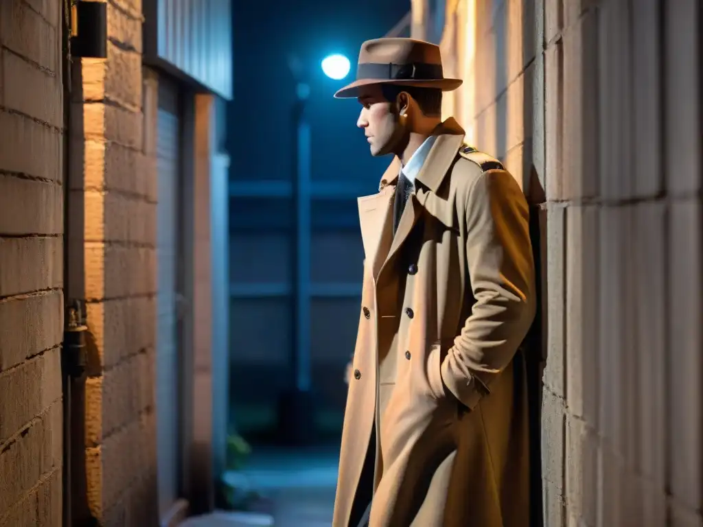 Detective en un callejón oscuro, con linterna, en busca de pistas