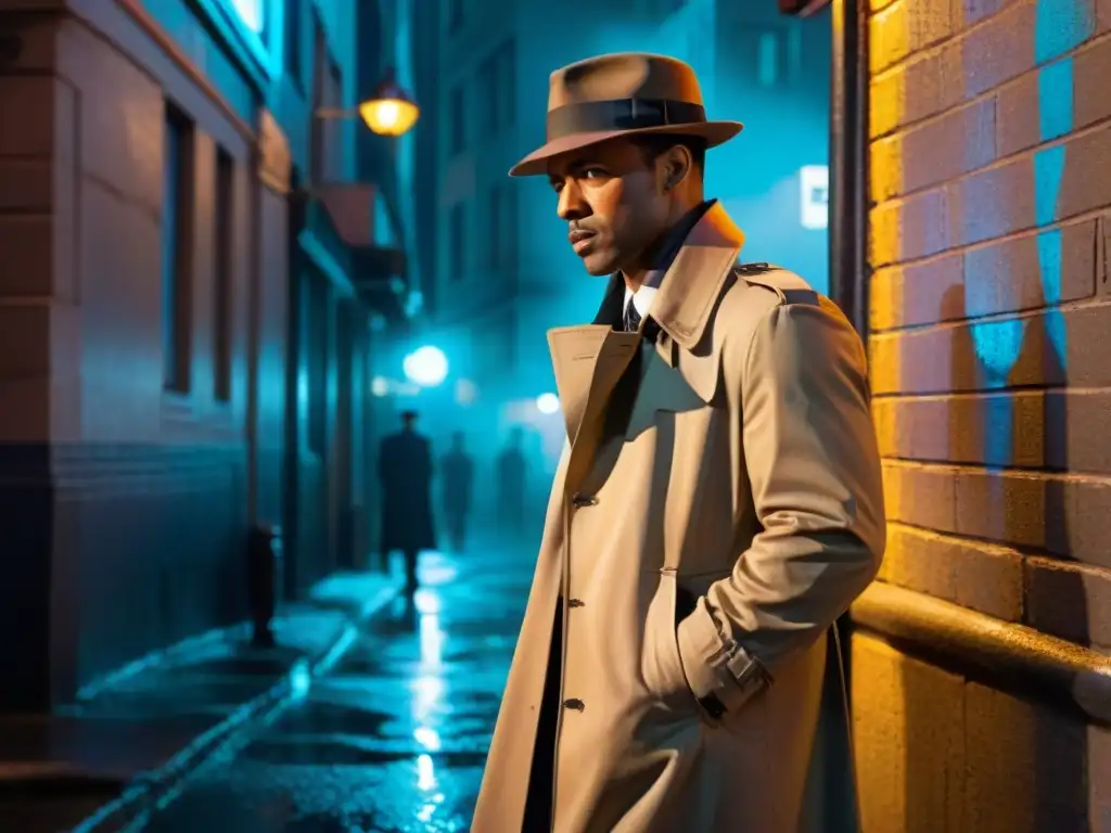 Detective en un callejón oscuro bajo la lluvia, reflejando luces neón de la ciudad