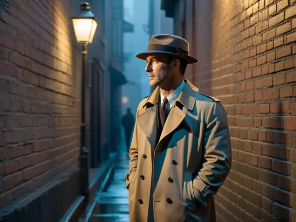 Un detective en un callejón oscuro, bajo la lluvia, evoca el misterio del género noir