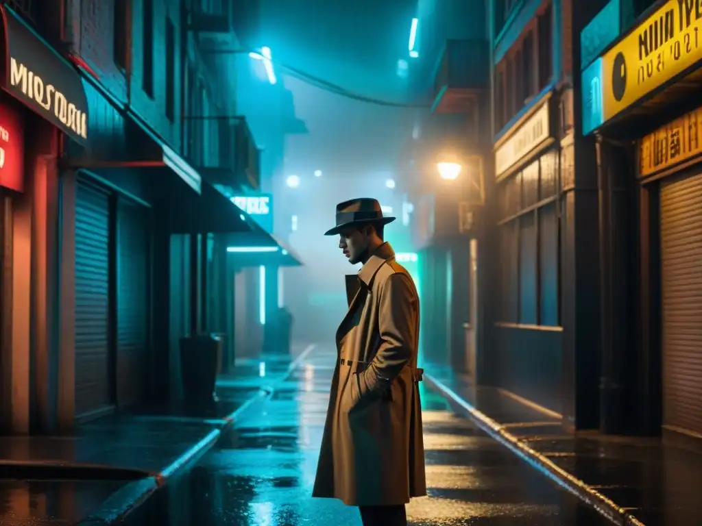 Un detective en un callejón oscuro bajo la lluvia, con un ambiente de cine noir y tecnología en thrillers detectives cine