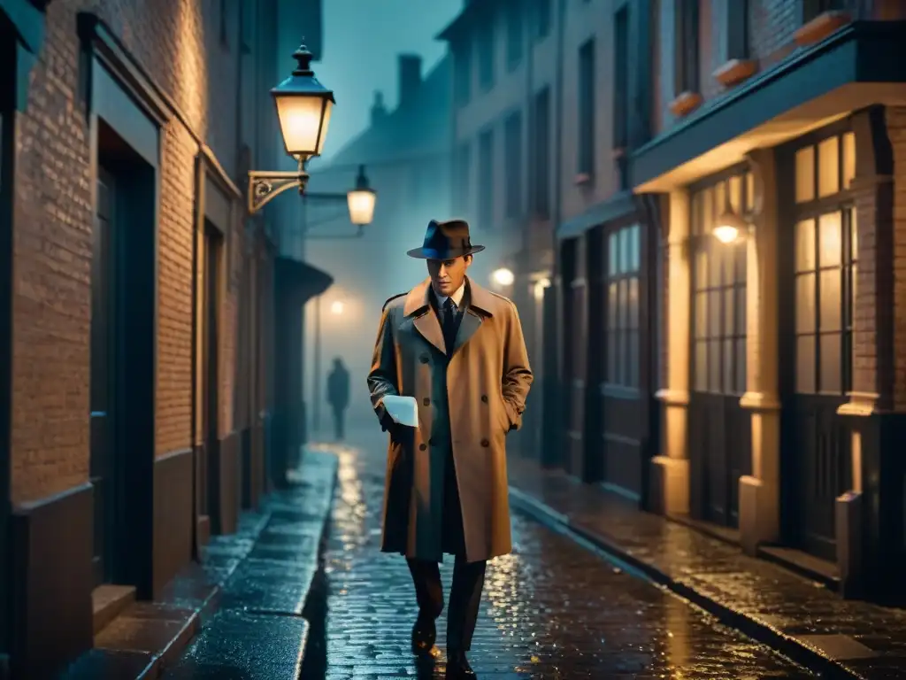 Un detective en un callejón oscuro bajo la lluvia, estudiando una pista en papel