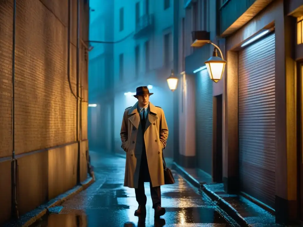 Un detective en un callejón oscuro, bajo la lluvia, con un dispositivo futurista brillante