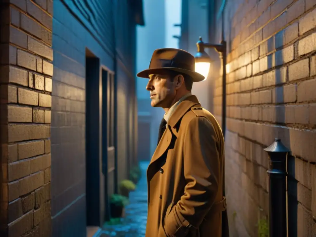 Un detective en un callejón oscuro bajo la lluvia, con un sombrero y un cigarrillo, mientras una figura misteriosa acecha