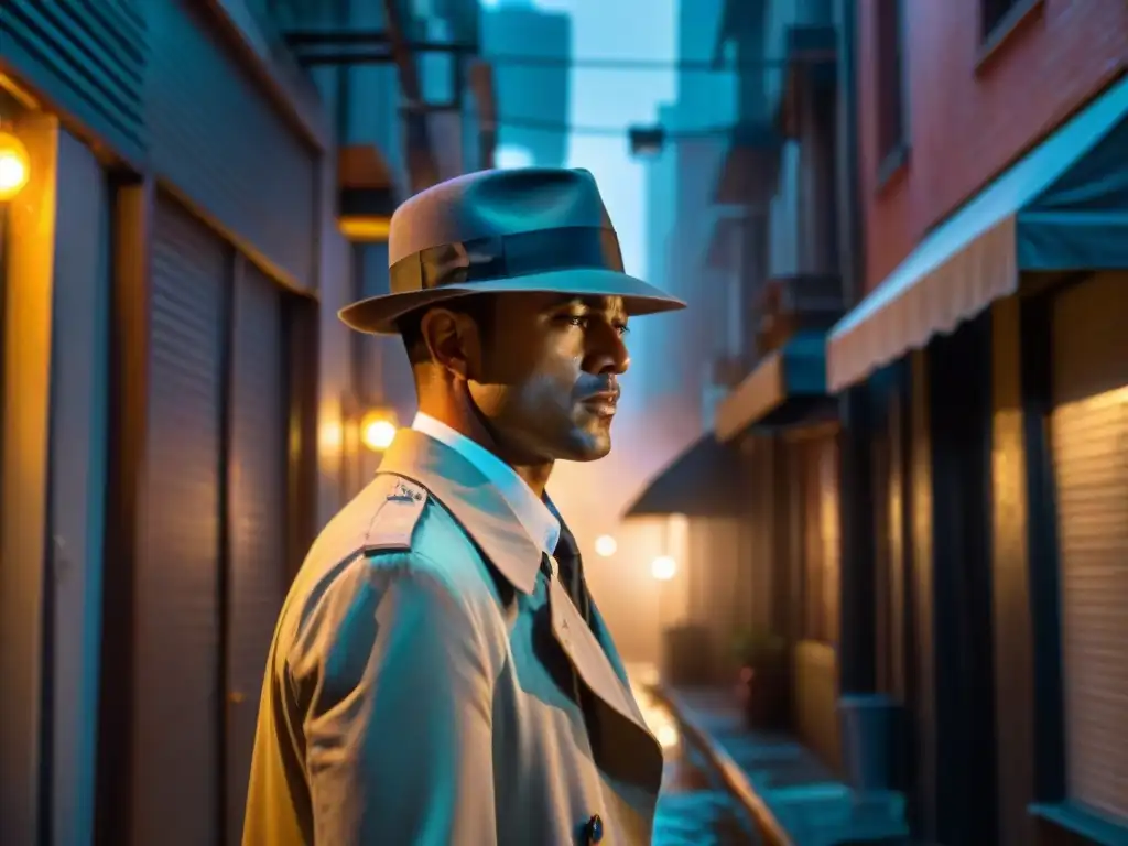 Detective en un callejón oscuro, lluvia y luces de neón