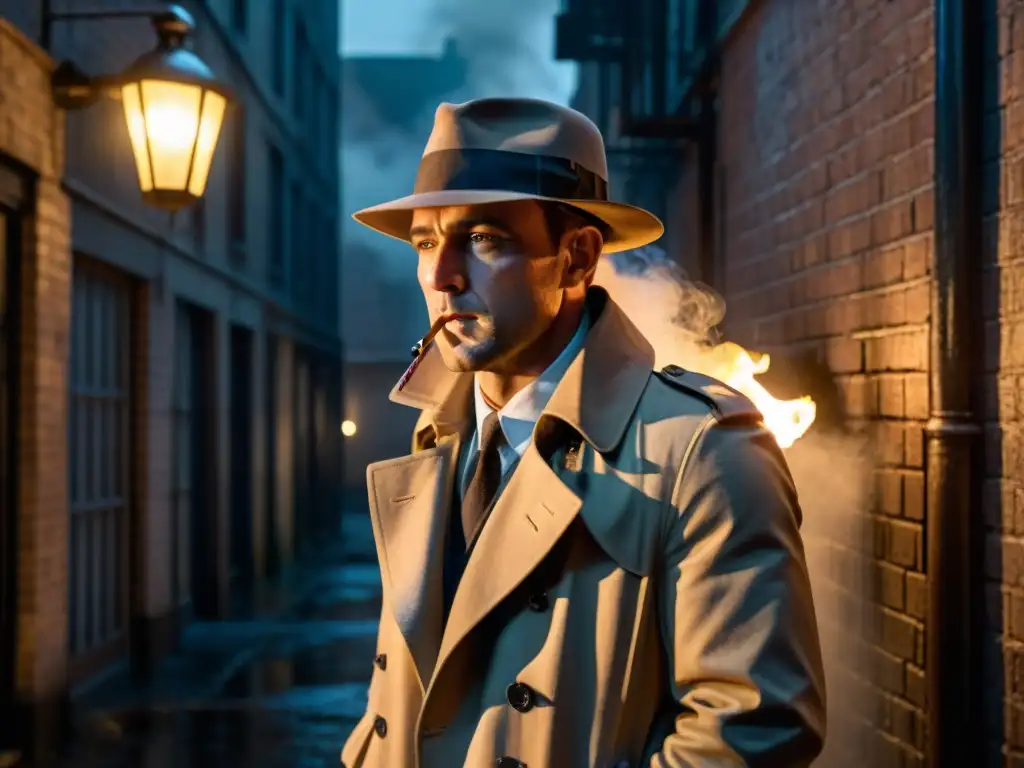 Detective en callejón nocturno, ambiente de misterio y suspense Detective en un callejón oscuro, bajo la lluvia, con sombrero y gabardina, evocando el estilo Film Noir