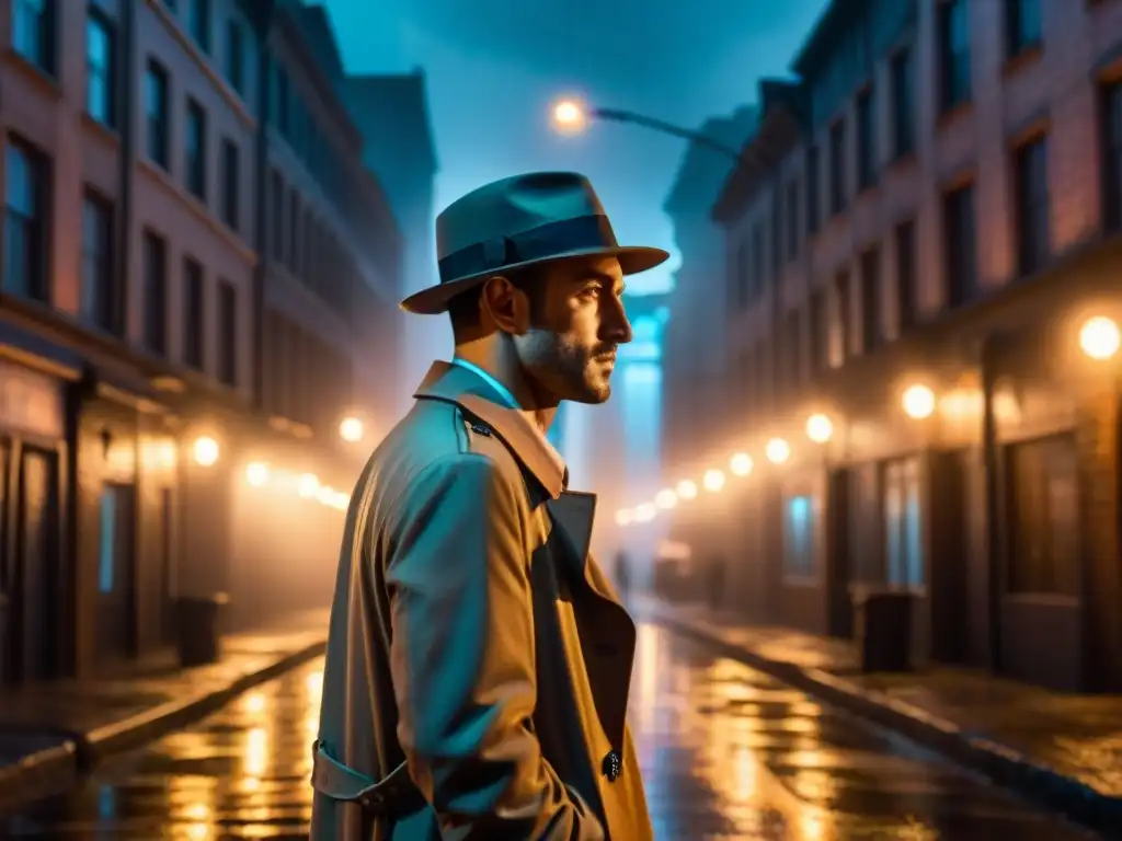 Detective en callejón oscuro bajo la lluvia, examinando pista