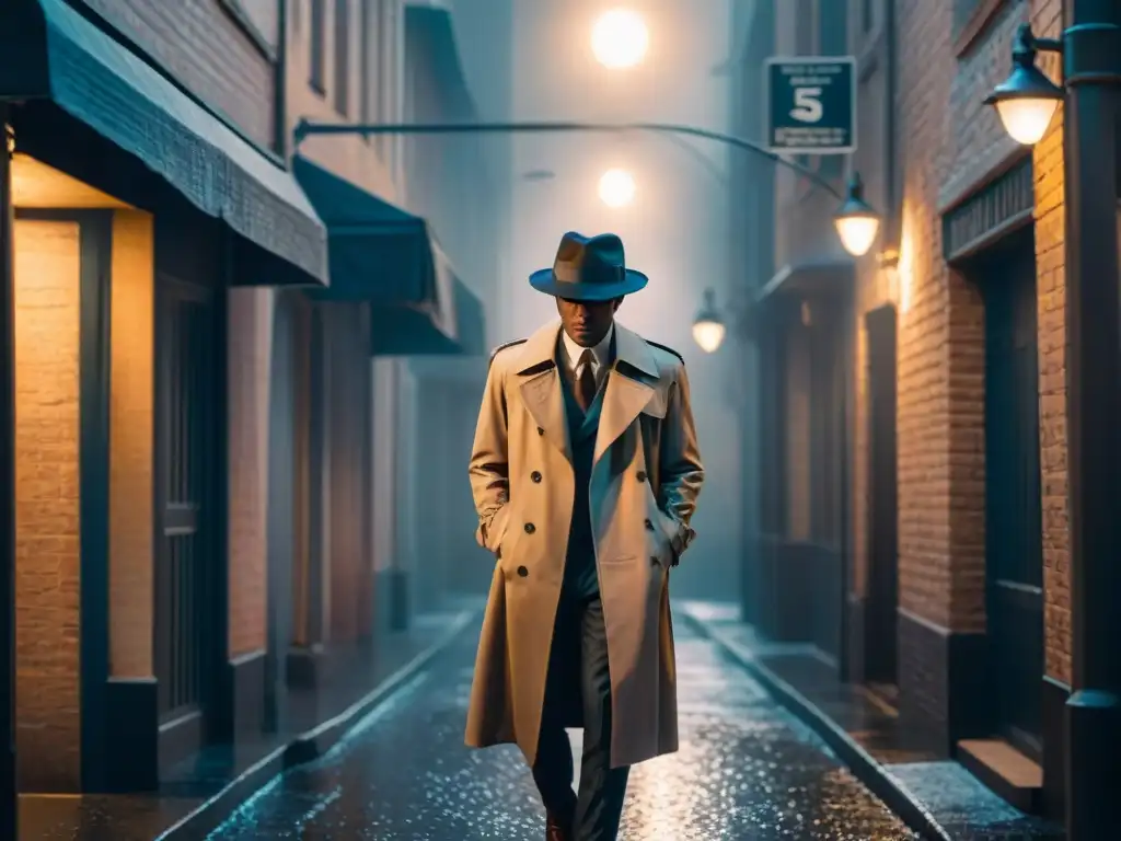 Un detective en un callejón oscuro bajo la lluvia, con sombrero y gabardina, iluminado por una farola parpadeante