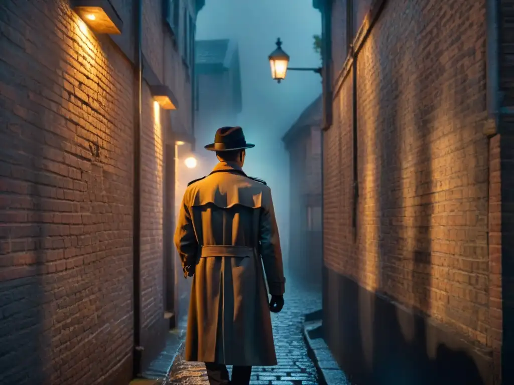 Detective en un callejón oscuro bajo la lluvia, examinando simbolismo en la pared