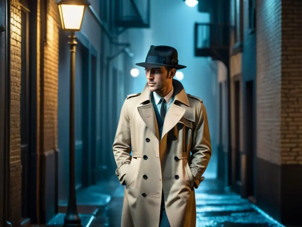 Un detective en un callejón oscuro bajo la lluvia, en estilo Film Noir