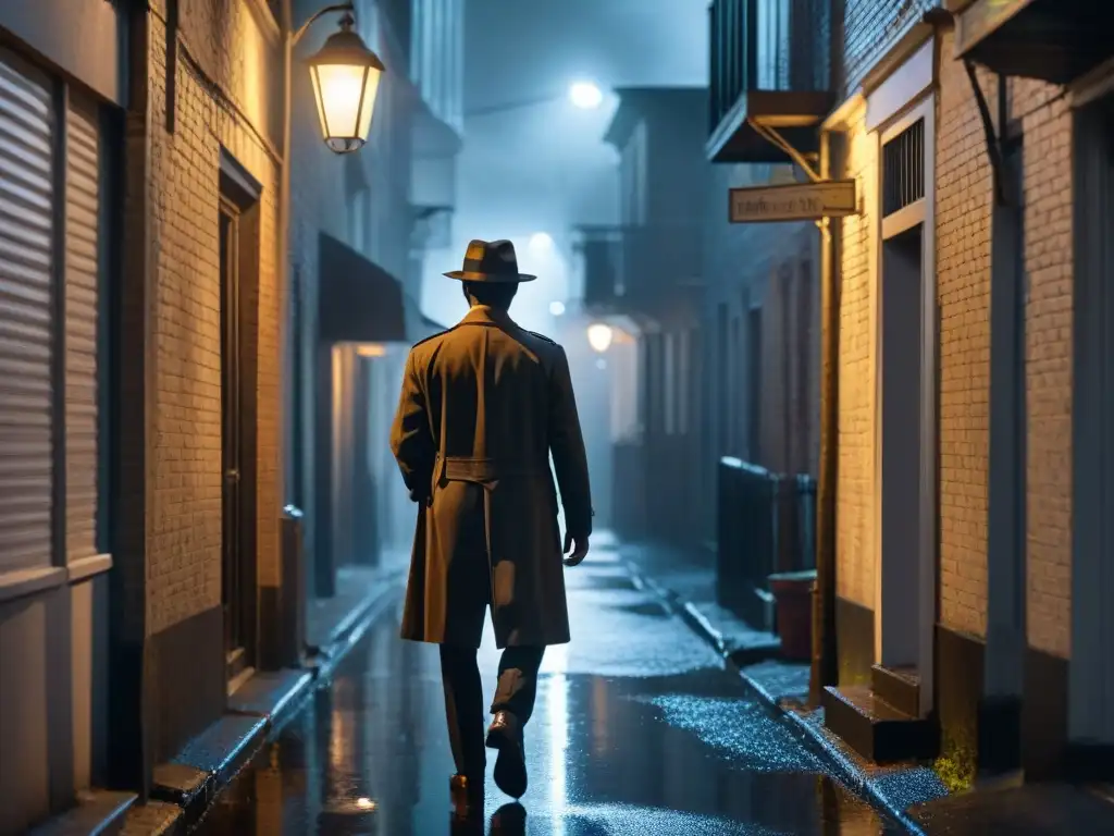 Detective en callejón oscuro: misterio y suspense en blanco y negro Un detective en un callejón oscuro y lluvioso, con sombras y misterio