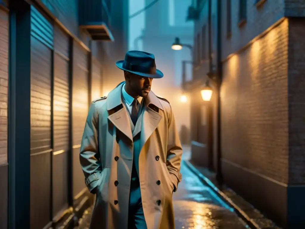 Detective en la noche lluviosa: misterio y pistas Un detective en un callejón oscuro y lluvioso, iluminado por una solitaria farola, examinando una pista en el suelo