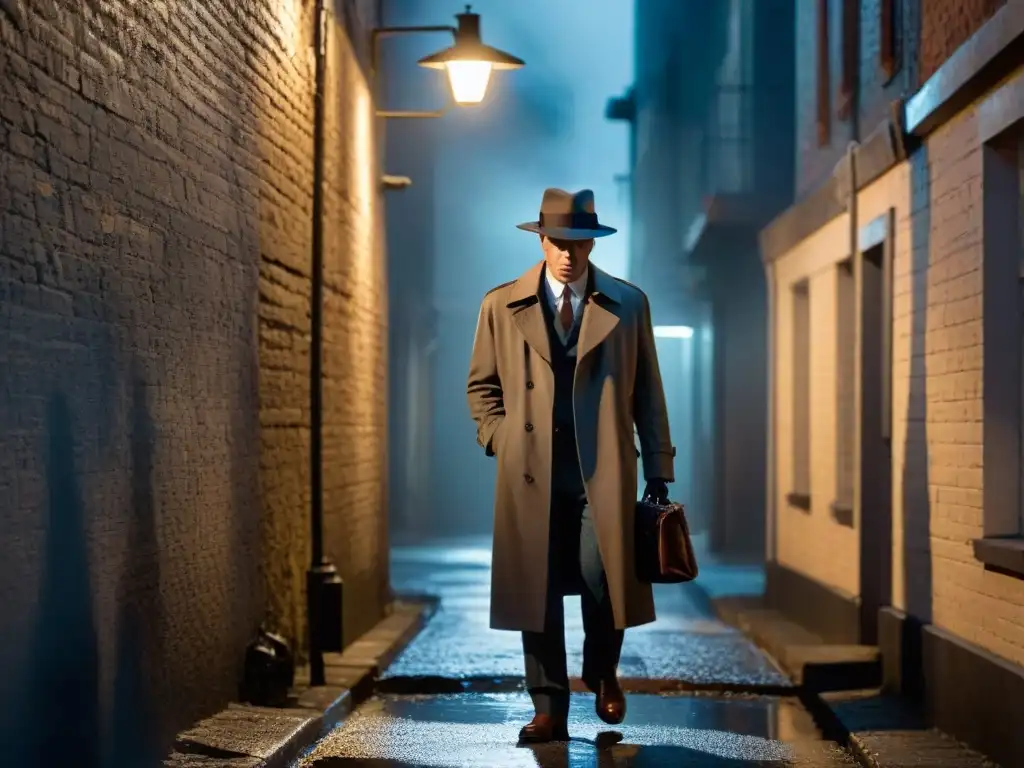 Detective en callejón oscuro con lupa, estilo cine noir