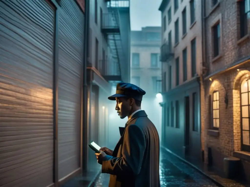 Detective en callejón oscuro con lupa bajo la lluvia