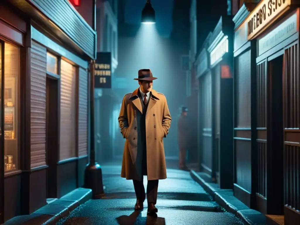 Detective en callejón oscuro, bajo luz tenue, busca pista con lupa en escena film noir, evocando influencia de Agatha Christie en cine detectives