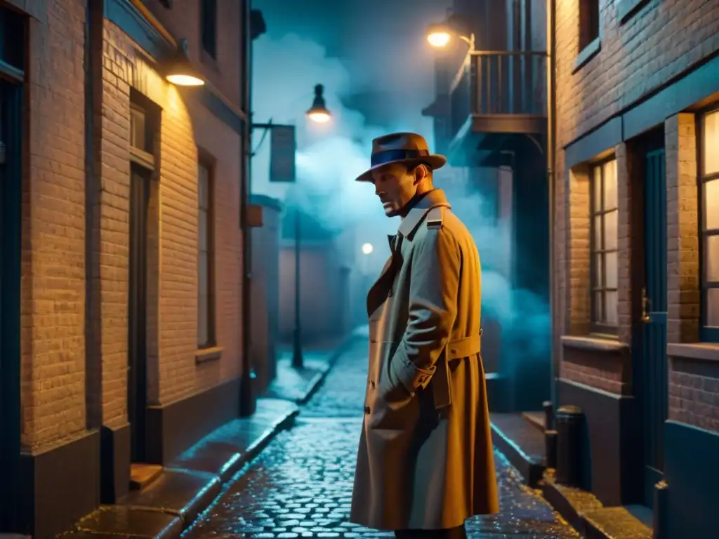 Detective en callejón oscuro, bajo luz tenue, evocando el cine noir