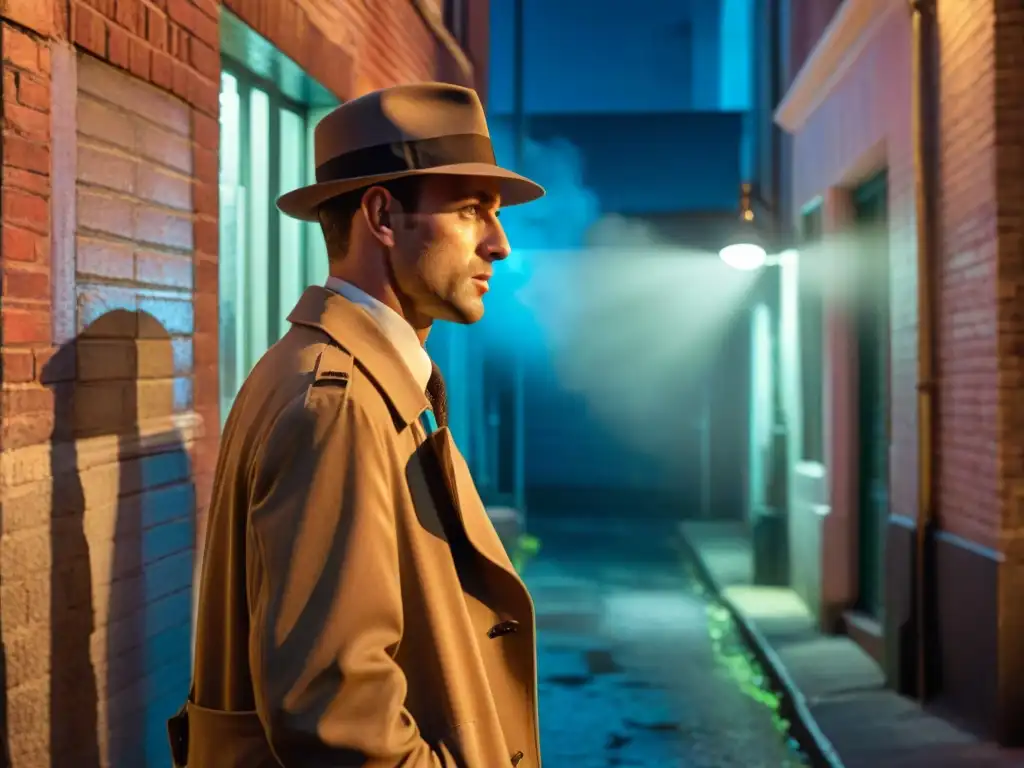 Un detective en un callejón oscuro, fumando bajo la luz de la farola