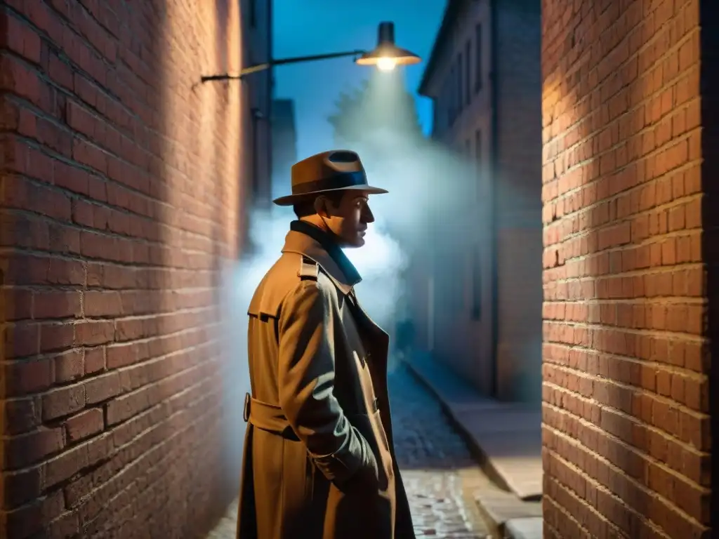 Un detective en un callejón oscuro con un magnifying glass bajo la luz de la farola