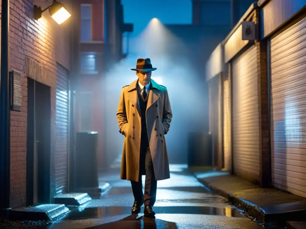 Escena de crimen en la noche: Detective en acción Un detective examina evidencia en un callejón oscuro, evocando el misterio y la intriga del CSI y la criminología moderna