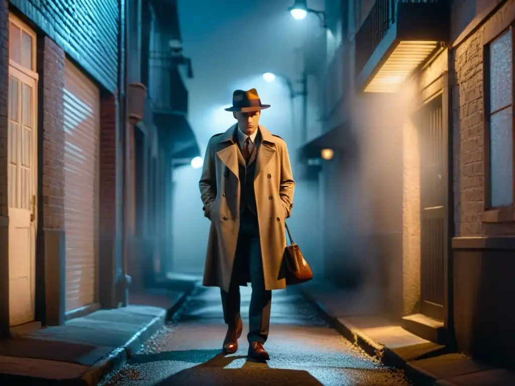 Detective en un callejón oscuro, con un misterioso rastro y magnifying glass