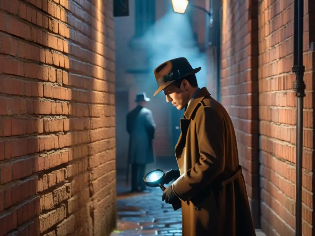 Detective de película noir en callejón oscuro, misterioso y lleno de sombras