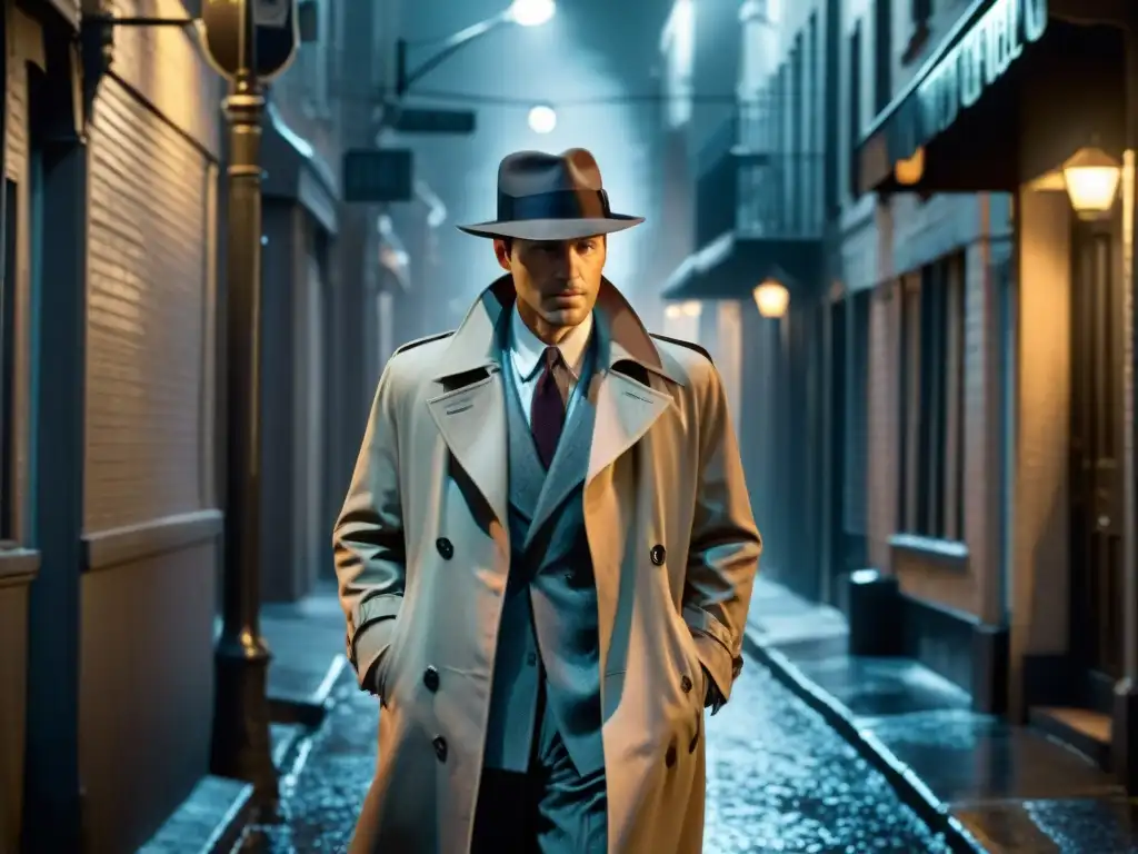 Detective solitario bajo la luz de la farola en un callejón oscuro Detective en callejón oscuro con música diegética, bajo farola titilante