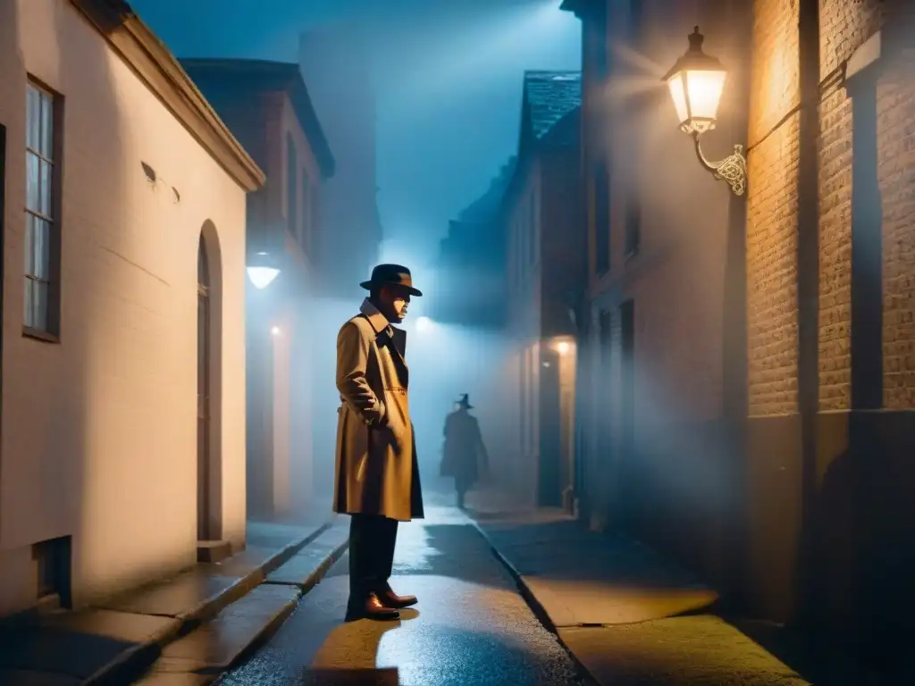 Un detective en un callejón oscuro con neblina, examinando pistas bajo la luz de la farola