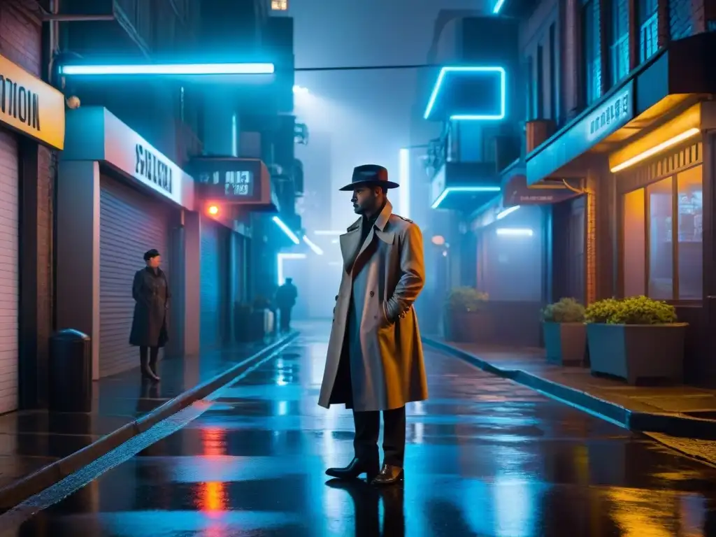 Un detective en un callejón oscuro, con neblina y una ciudad futurista al fondo