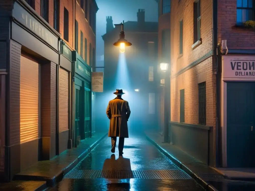 Un detective en un callejón oscuro, con neblina espesa, una lámpara de calle iluminando a una figura sombría en el suelo