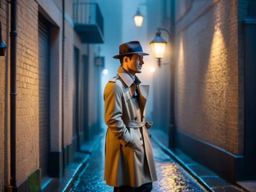 Detective en un callejón oscuro, con neblina y sombras, bajo la luz de la farola