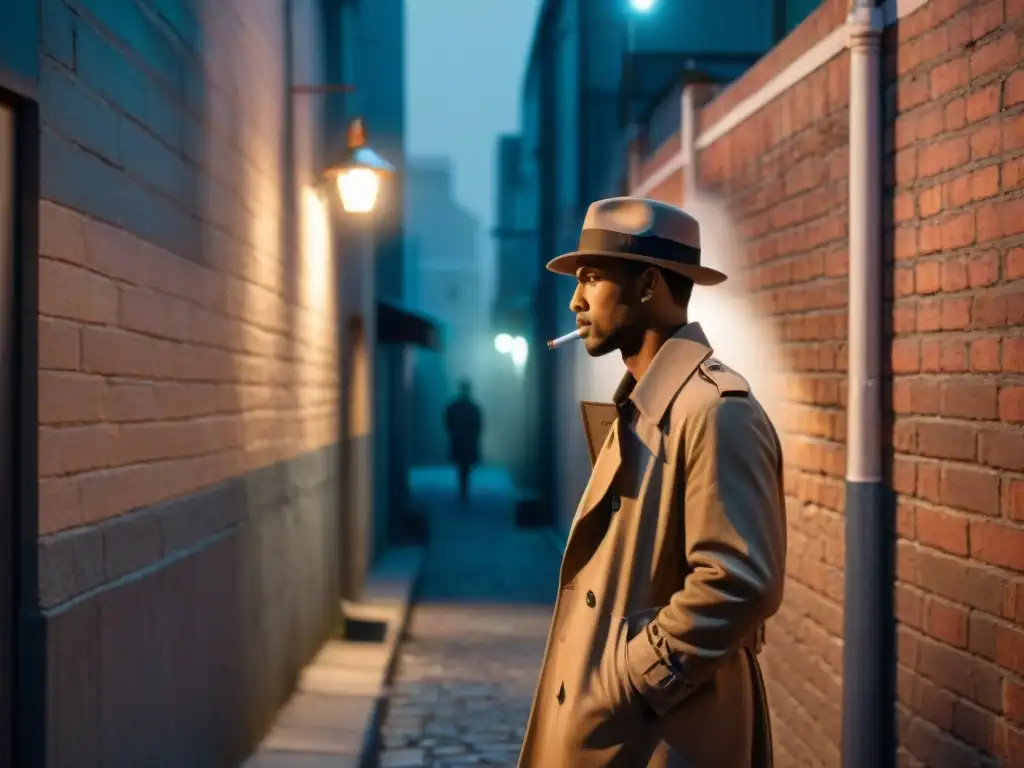 Detective en un callejón oscuro de noche, fumando un cigarrillo y mirando sospechosamente