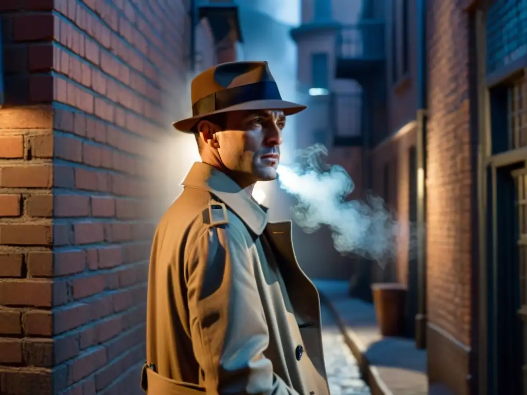 Detective en callejón oscuro de noche, con sombras y luz de farola