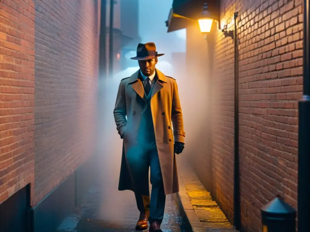 Detective en un callejón oscuro de noche, con niebla y luz tenue, evocando el cine noir