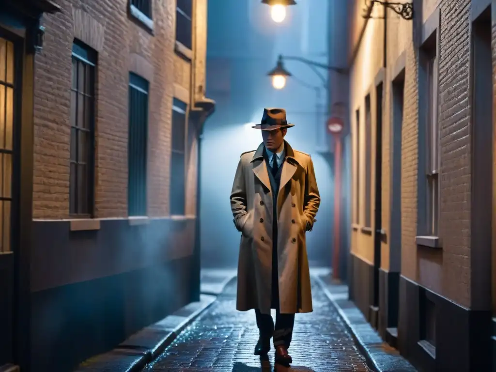 Un detective en un callejón oscuro de noche, fotografiando sospechosos