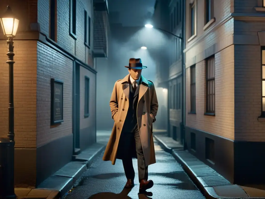 Un detective en un callejón oscuro de noche, con una linterna proyectando su sombra, investigando una pista