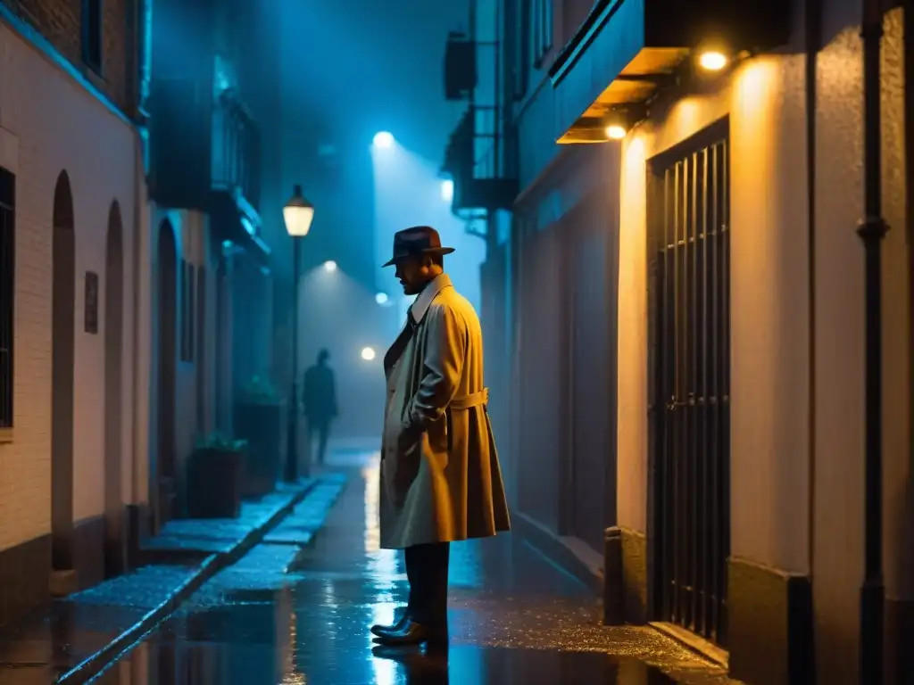 Un detective en un callejón oscuro de noche, iluminado por una farola, observa a una figura misteriosa en la distancia