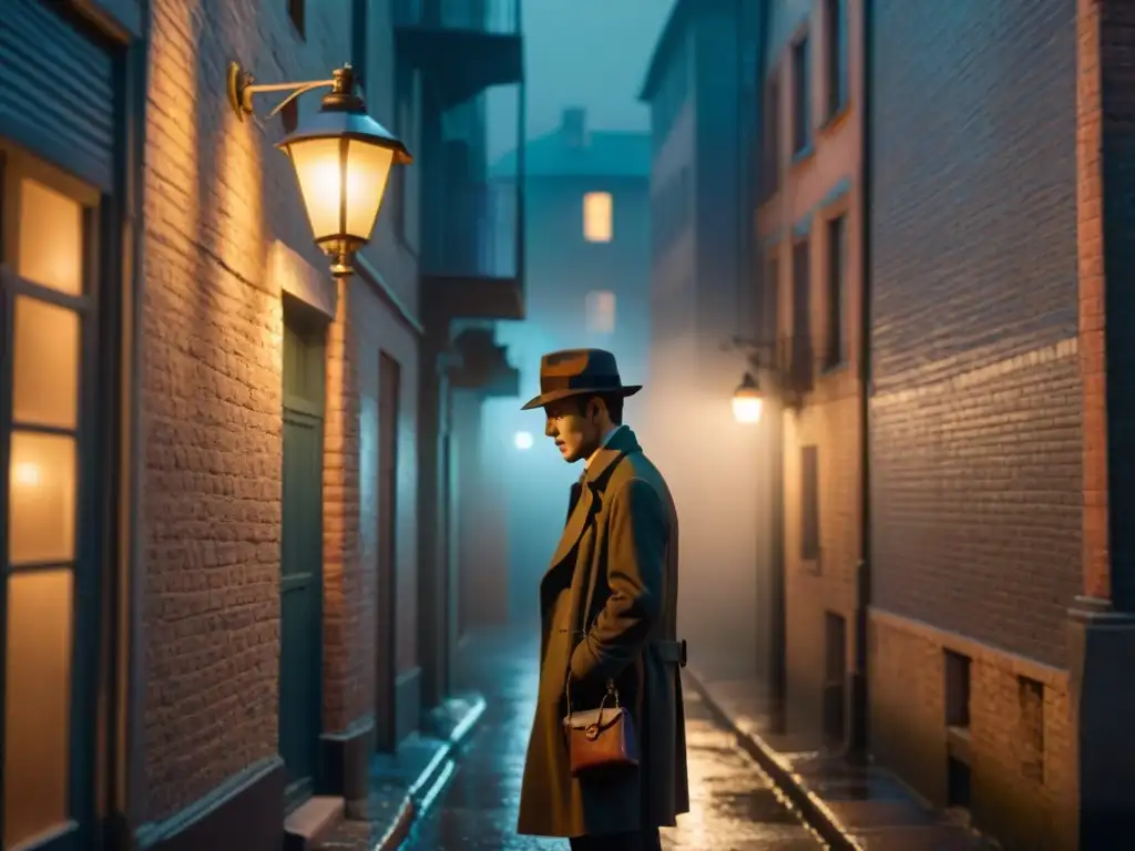Un detective en un callejón oscuro de noche, iluminado por una tenue farola
