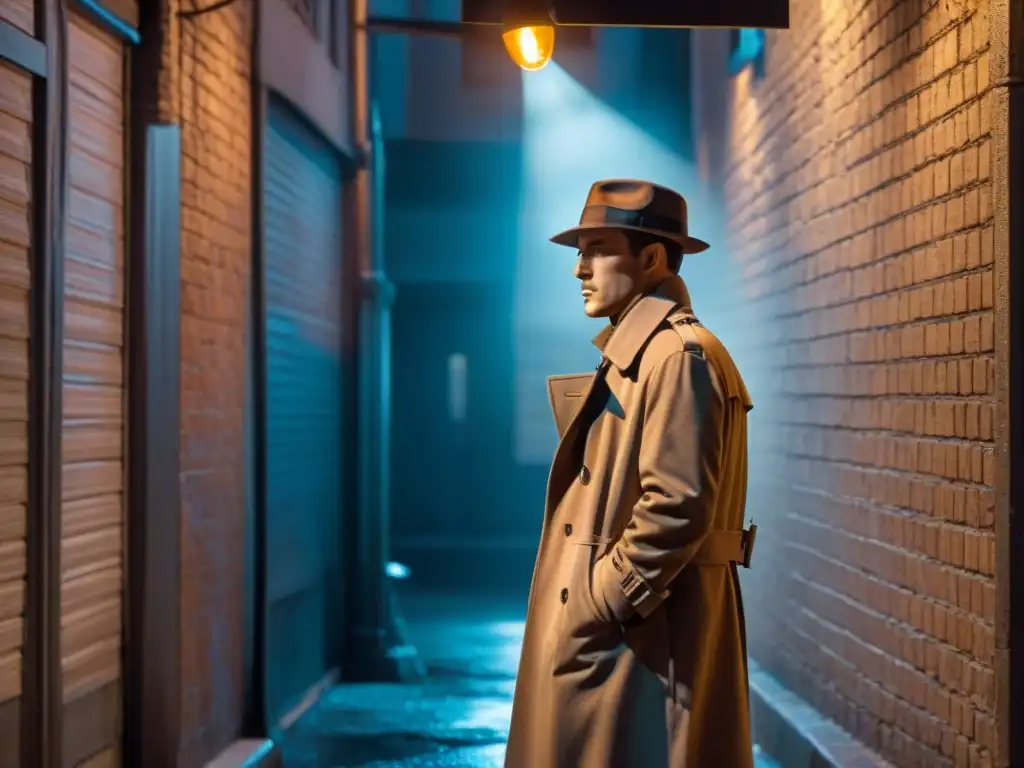 Detective en un callejón oscuro de noche, con sombrero y gabardina, investigando una pista bajo la luz de la farola