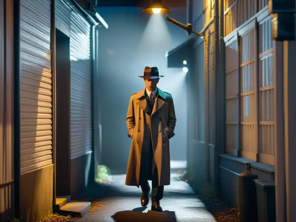 Un detective en un callejón oscuro de noche, junto a un coche vintage bajo una farola, evocando el cine noir