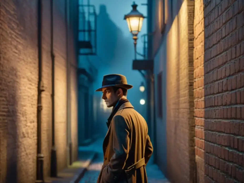 Un detective en un callejón oscuro de noche, con gadgets de vigilancia detectives cine, capturando la esencia del Film Noir