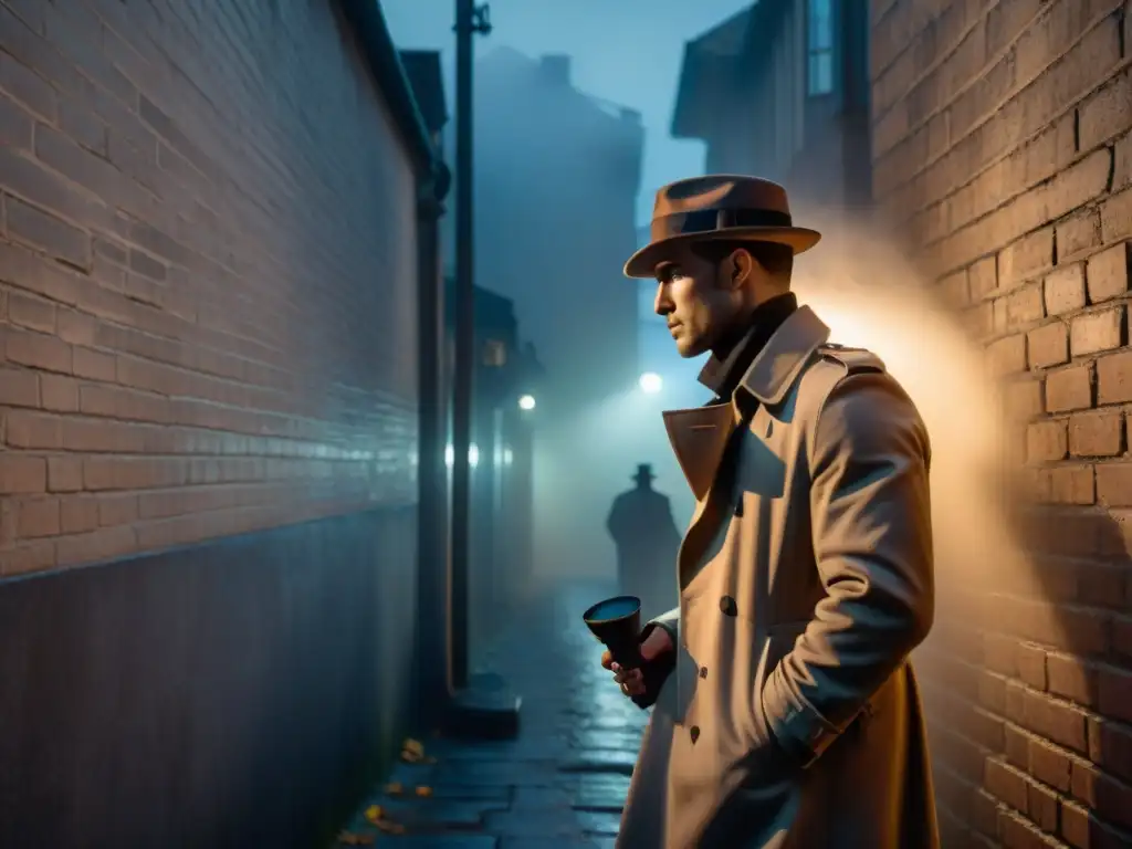 Un detective en un callejón oscuro de noche, bajo la luz de una farola vintage