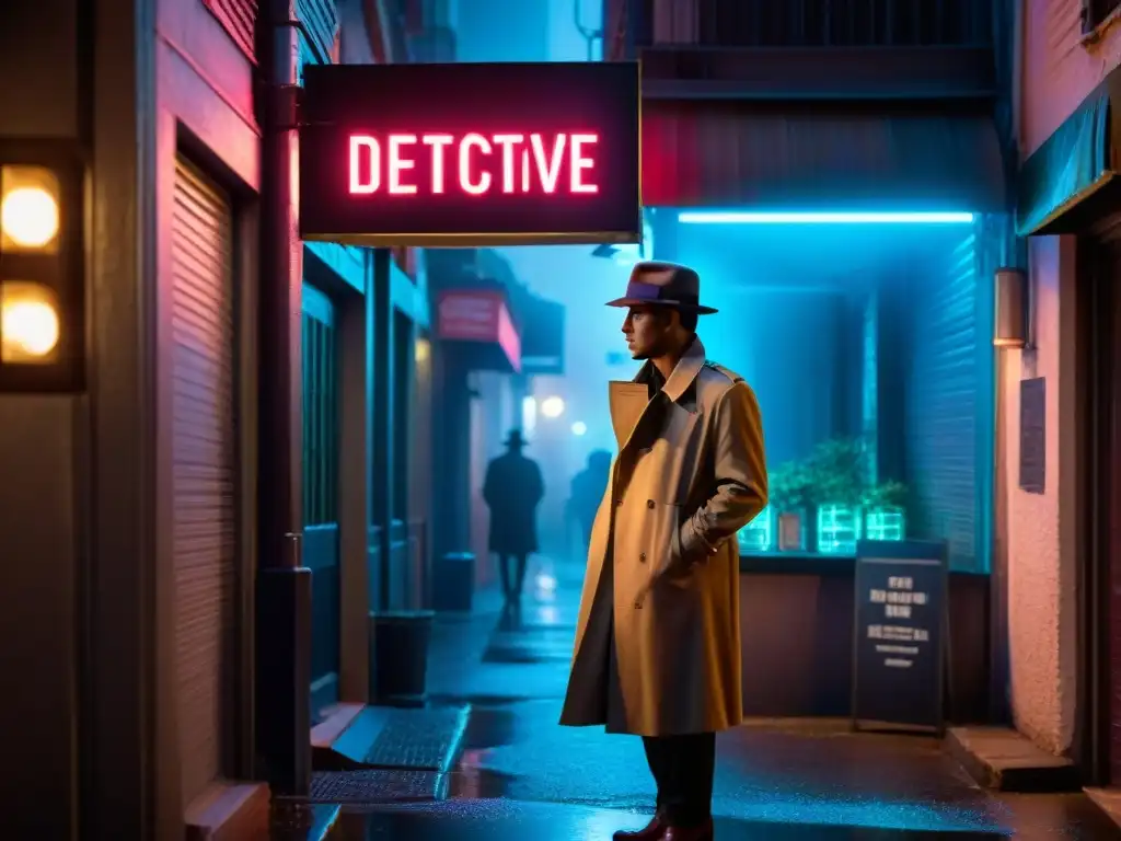 Un detective en un callejón oscuro en una noche lluviosa, bajo un letrero de neón 'Agencia de Detectives', en una atmósfera de misterio y romance noir