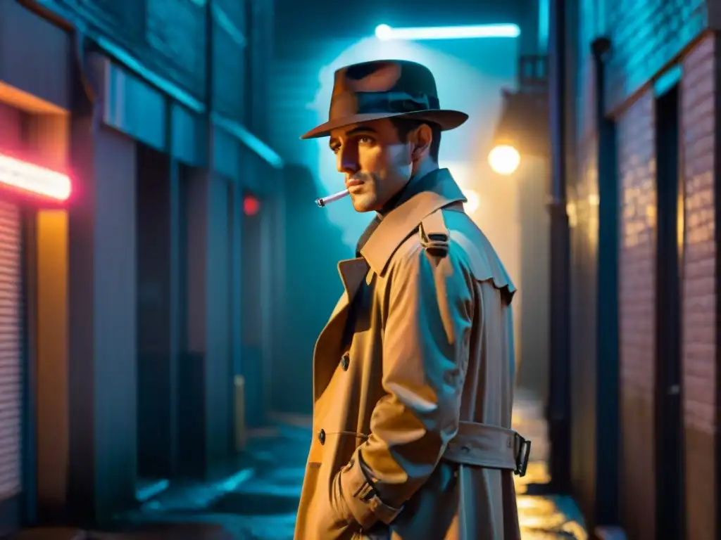 Detective en callejón oscuro de noche, iluminado por farola